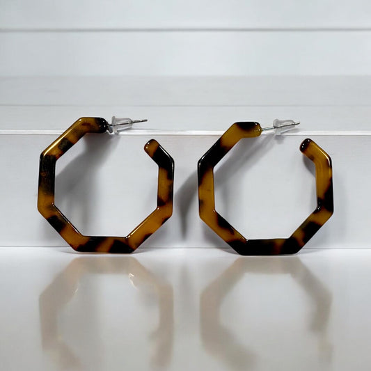 Octagon Brown Acrylic Hoop Earrings