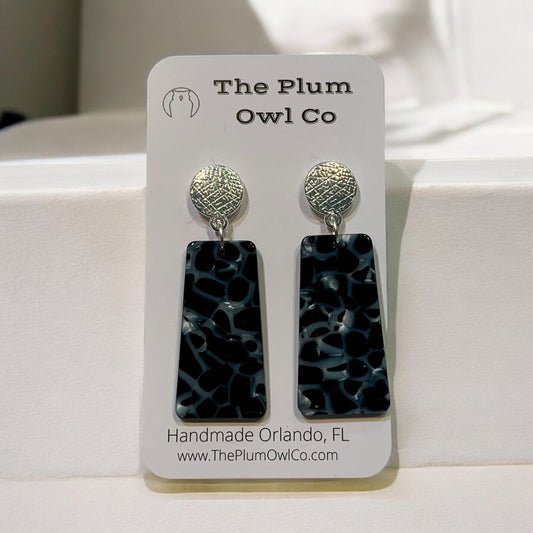 Silver and Black Acrylic Dangle Earrings