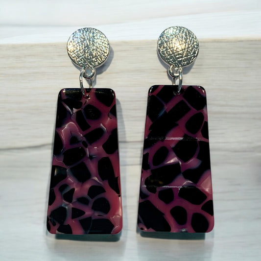 Silver and Dark Pink Acrylic Dangle Earrings